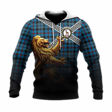 Tartan Vibes Clothing MacCorquodale (McCorquodale) Crest Tartan Knitted Hoodie with Golden Lion Emblem Celtic Style