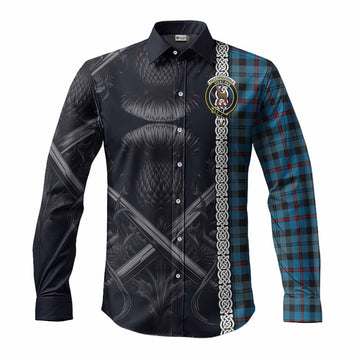Tartan Vibes Clothing MacCorquodale (McCorquodale) Tartan Long Sleeve Button Shirt with Family Crest Cross Sword Thistle Celtic Vibes