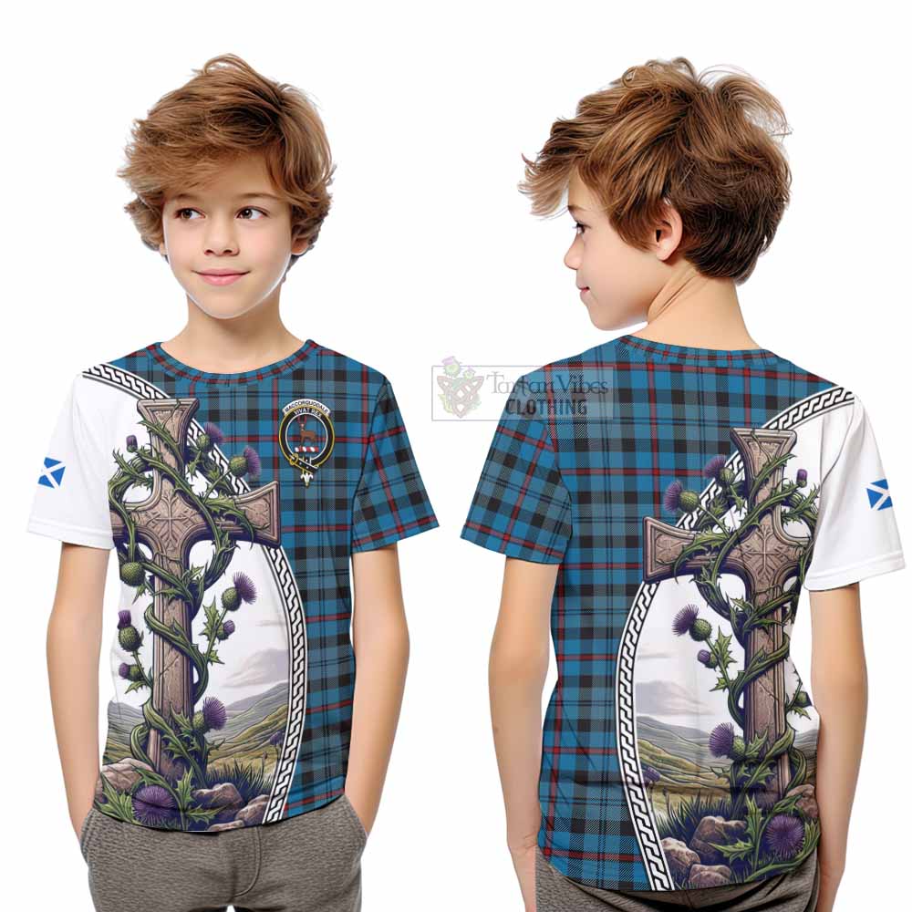 Tartan Vibes Clothing MacCorquodale (McCorquodale) Tartan Kid T-Shirt with Family Crest and St. Andrew's Cross Accented by Thistle Vines