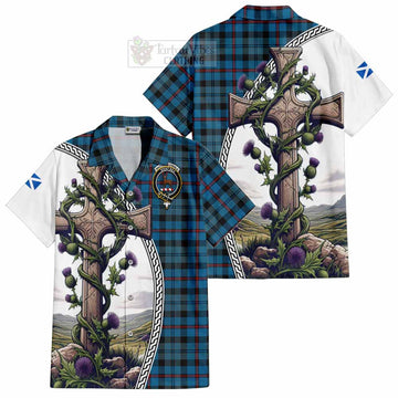 Tartan Vibes Clothing MacCorquodale (McCorquodale) Tartan Short Sleeve Button Shirt with Family Crest and St. Andrew's Cross Accented by Thistle Vines