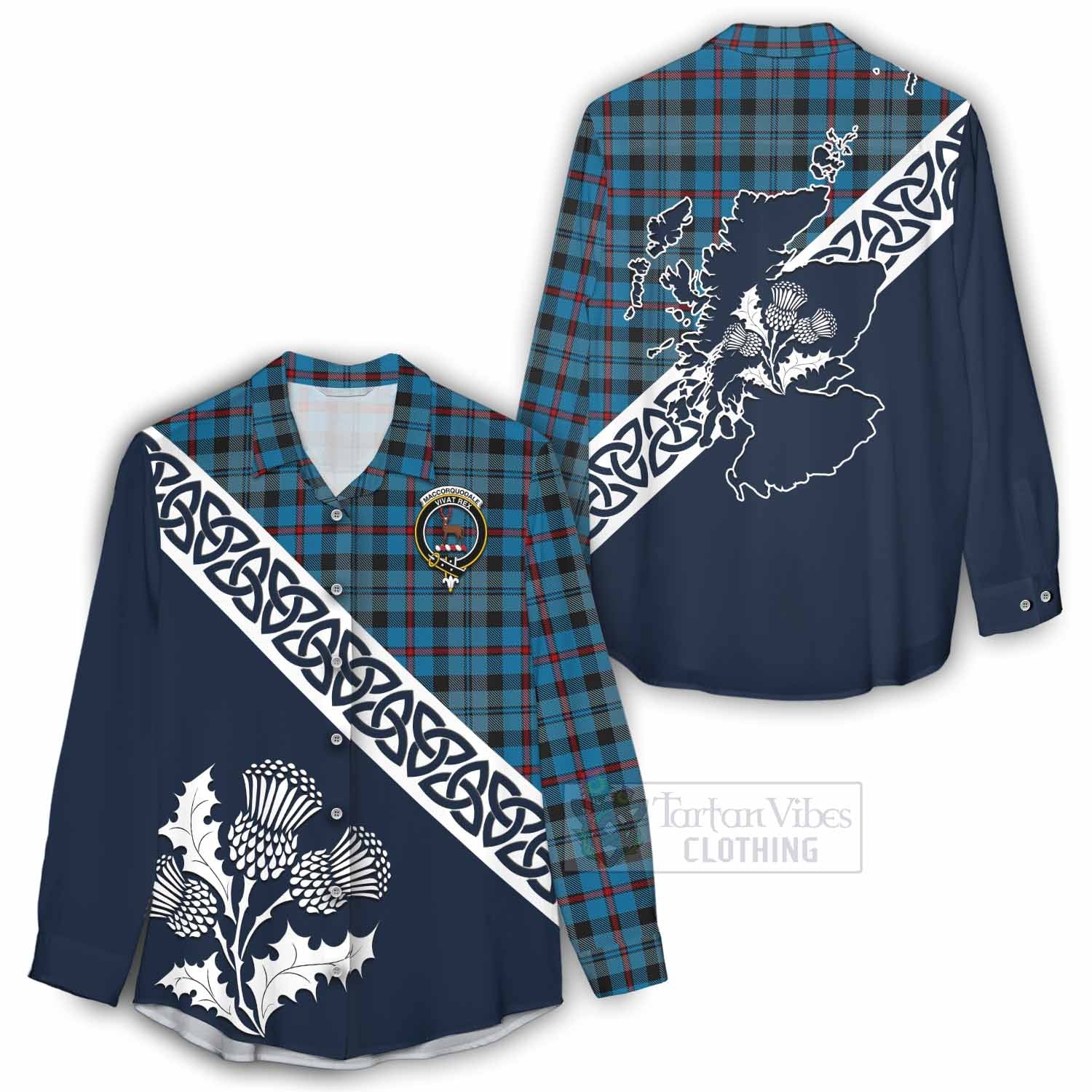 MacCorquodale (McCorquodale) Tartan Women's Casual Shirt Featuring Thistle and Scotland Map - Tartan Vibes Clothing