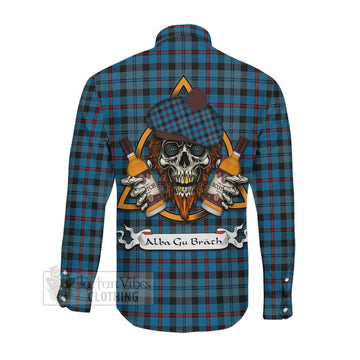 MacCorquodale (McCorquodale) Tartan Long Sleeve Button Shirt with Family Crest and Bearded Skull Holding Bottles of Whiskey Men's Shirt - Tartan Vibes Clothing