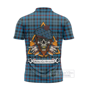 MacCorquodale (McCorquodale) Tartan Zipper Polo Shirt with Family Crest and Bearded Skull Holding Bottles of Whiskey - Tartan Vibes Clothing