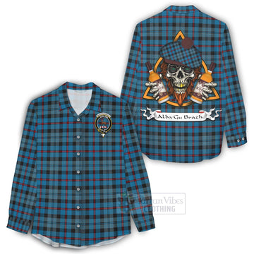 MacCorquodale (McCorquodale) Tartan Women's Casual Shirt with Family Crest and Bearded Skull Holding Bottles of Whiskey - Tartan Vibes Clothing