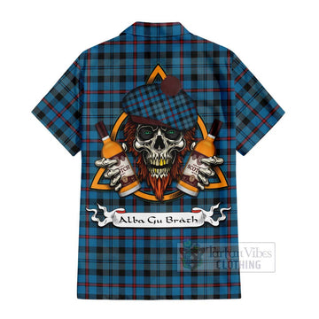 MacCorquodale (McCorquodale) Tartan Hawaiian Shirt with Family Crest and Bearded Skull Holding Bottles of Whiskey - Tartan Vibes Clothing