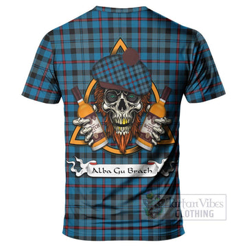 MacCorquodale (McCorquodale) Tartan T-Shirt with Family Crest and Bearded Skull Holding Bottles of Whiskey - Tartan Vibes Clothing