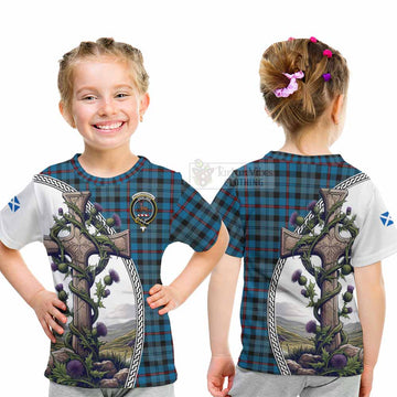 Tartan Vibes Clothing MacCorquodale (McCorquodale) Tartan Kid T-Shirt with Family Crest and St. Andrew's Cross Accented by Thistle Vines
