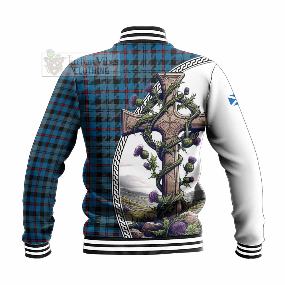 Tartan Vibes Clothing MacCorquodale (McCorquodale) Tartan Baseball Jacket with Family Crest and St. Andrew's Cross Accented by Thistle Vines
