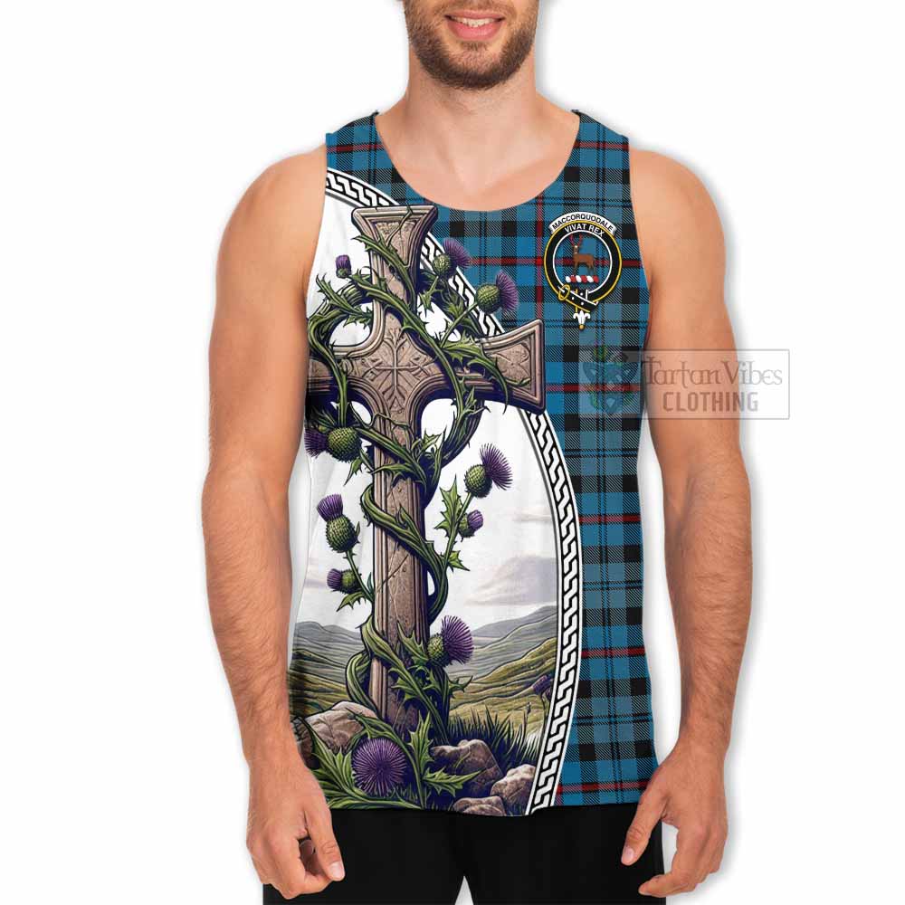 Tartan Vibes Clothing MacCorquodale (McCorquodale) Tartan Men's Tank Top with Family Crest and St. Andrew's Cross Accented by Thistle Vines
