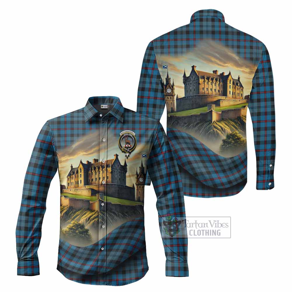 Tartan Vibes Clothing MacCorquodale (McCorquodale) Tartan Family Crest Long Sleeve Button Shirt with Scottish Ancient Castle Style