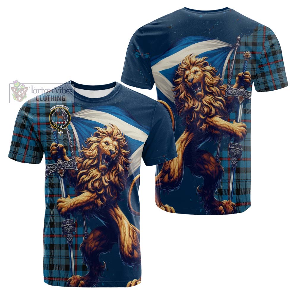 Tartan Vibes Clothing MacCorquodale (McCorquodale) Tartan Family Crest Cotton T-shirt with Scottish Majestic Lion