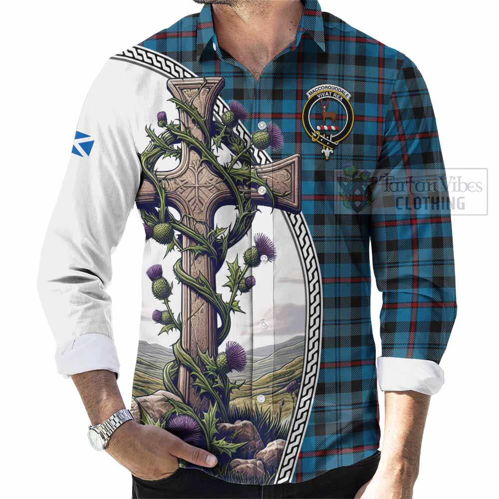 Tartan Vibes Clothing MacCorquodale (McCorquodale) Tartan Long Sleeve Button Shirt with Family Crest and St. Andrew's Cross Accented by Thistle Vines