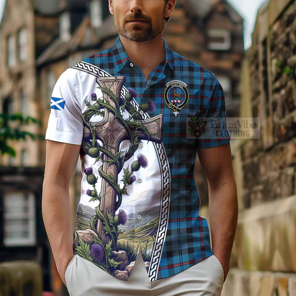 Tartan Vibes Clothing MacCorquodale (McCorquodale) Tartan Short Sleeve Button Shirt with Family Crest and St. Andrew's Cross Accented by Thistle Vines