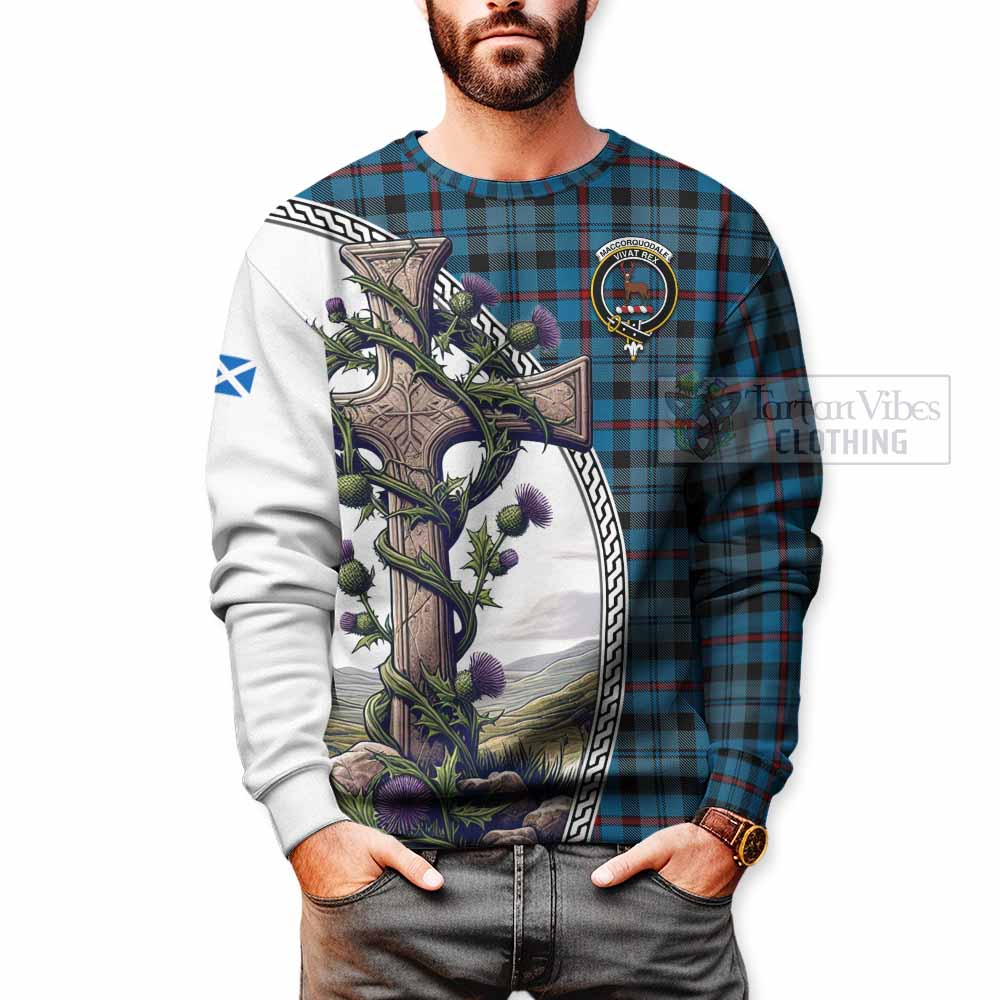 Tartan Vibes Clothing MacCorquodale (McCorquodale) Tartan Sweatshirt with Family Crest and St. Andrew's Cross Accented by Thistle Vines