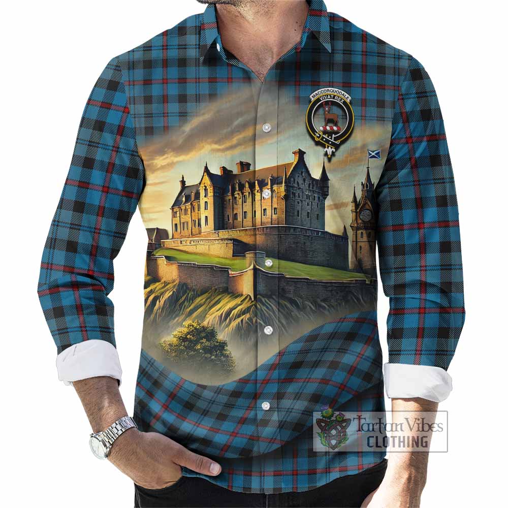 Tartan Vibes Clothing MacCorquodale (McCorquodale) Tartan Family Crest Long Sleeve Button Shirt with Scottish Ancient Castle Style