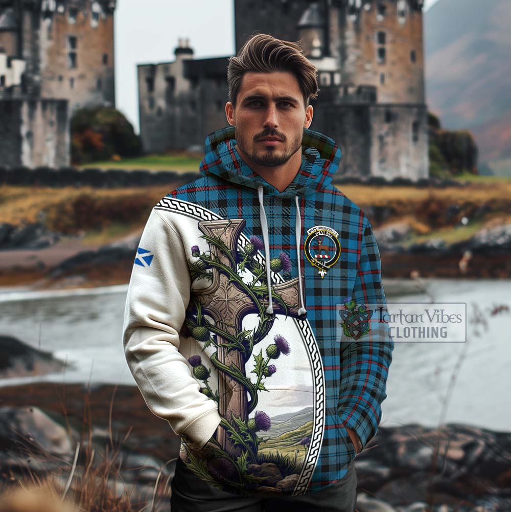 Tartan Vibes Clothing MacCorquodale (McCorquodale) Tartan Cotton Hoodie with Family Crest and St. Andrew's Cross Accented by Thistle Vines