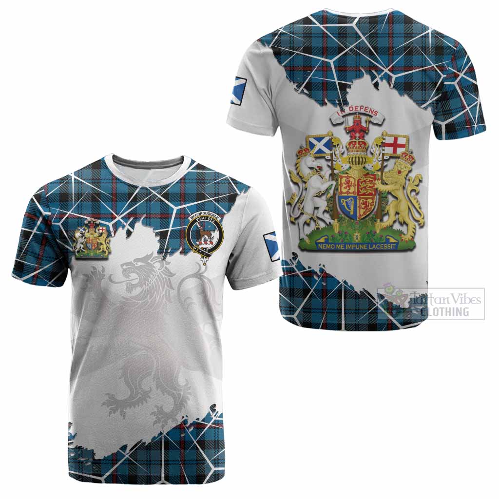 MacCorquodale (McCorquodale) Tartan Cotton T-shirt with Family Crest and Lion Rampant Grunge Style