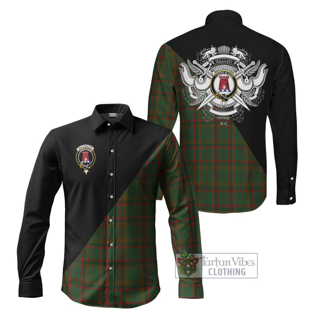 MacCracken Hunting Tartan Long Sleeve Button Shirt with Family Crest and Military Logo Style Men's Shirt S - Tartanvibesclothing Shop