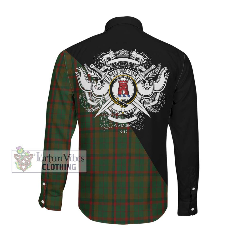 MacCracken Hunting Tartan Long Sleeve Button Shirt with Family Crest and Military Logo Style Men's Shirt - Tartanvibesclothing Shop