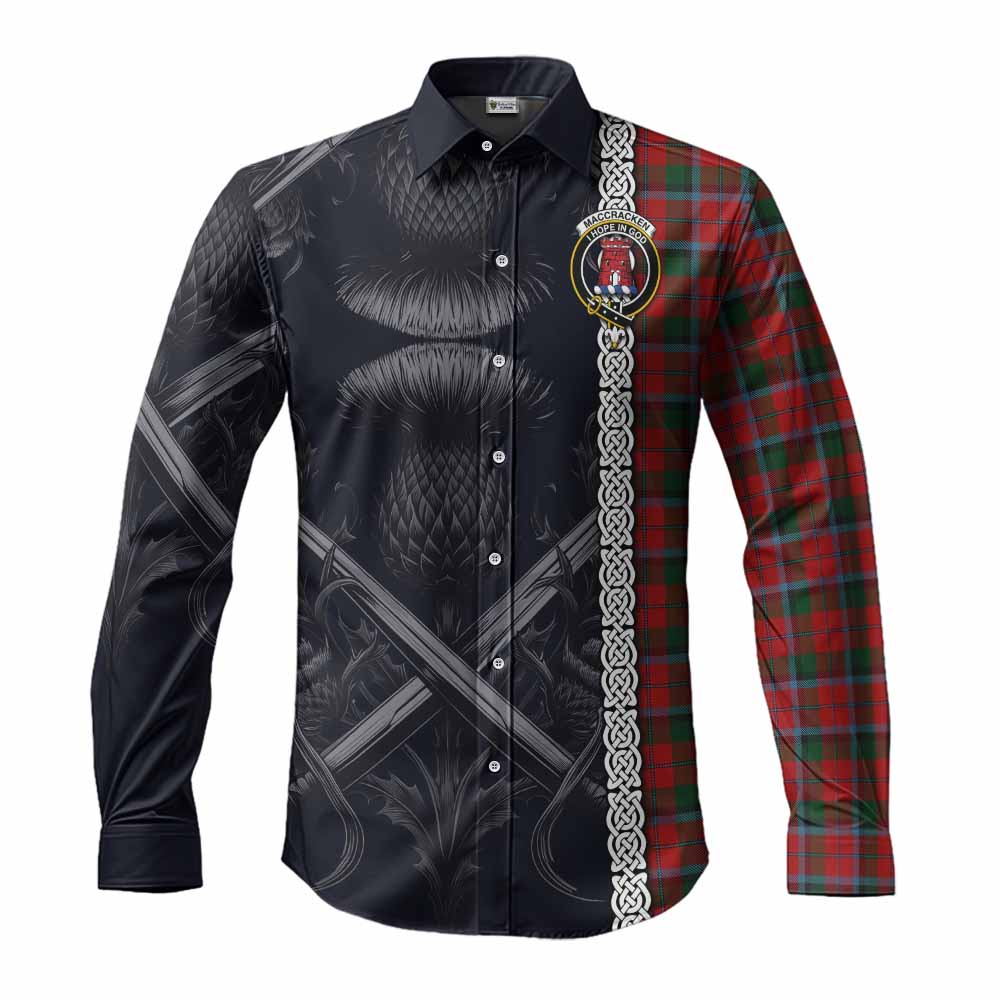 Tartan Vibes Clothing MacCracken (McCracken) Tartan Long Sleeve Button Shirt with Family Crest Cross Sword Thistle Celtic Vibes