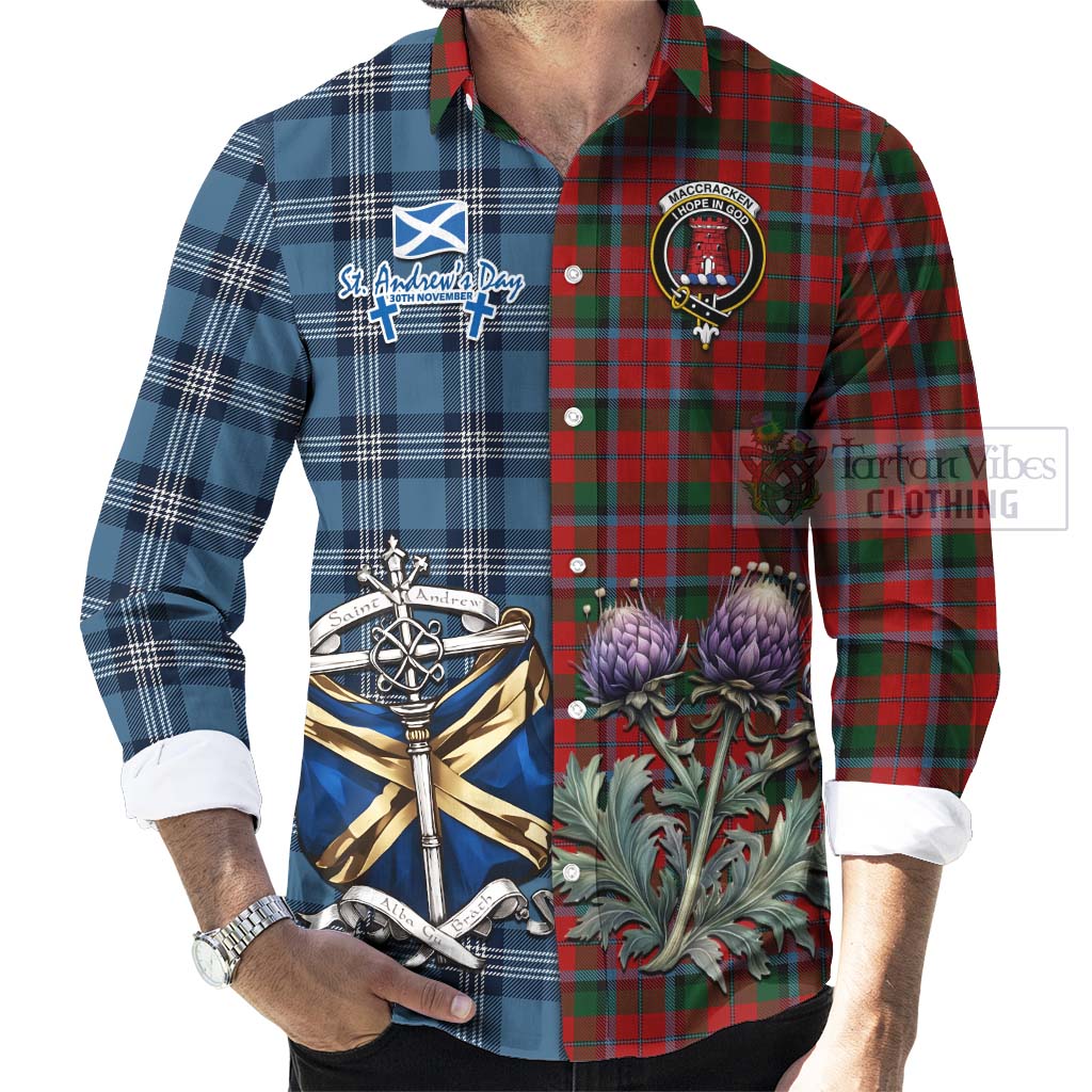 MacCracken (McCracken) Tartan Long Sleeve Button Shirt Happy St. Andrew's Day Half Tartan Style - Tartan Vibes Clothing