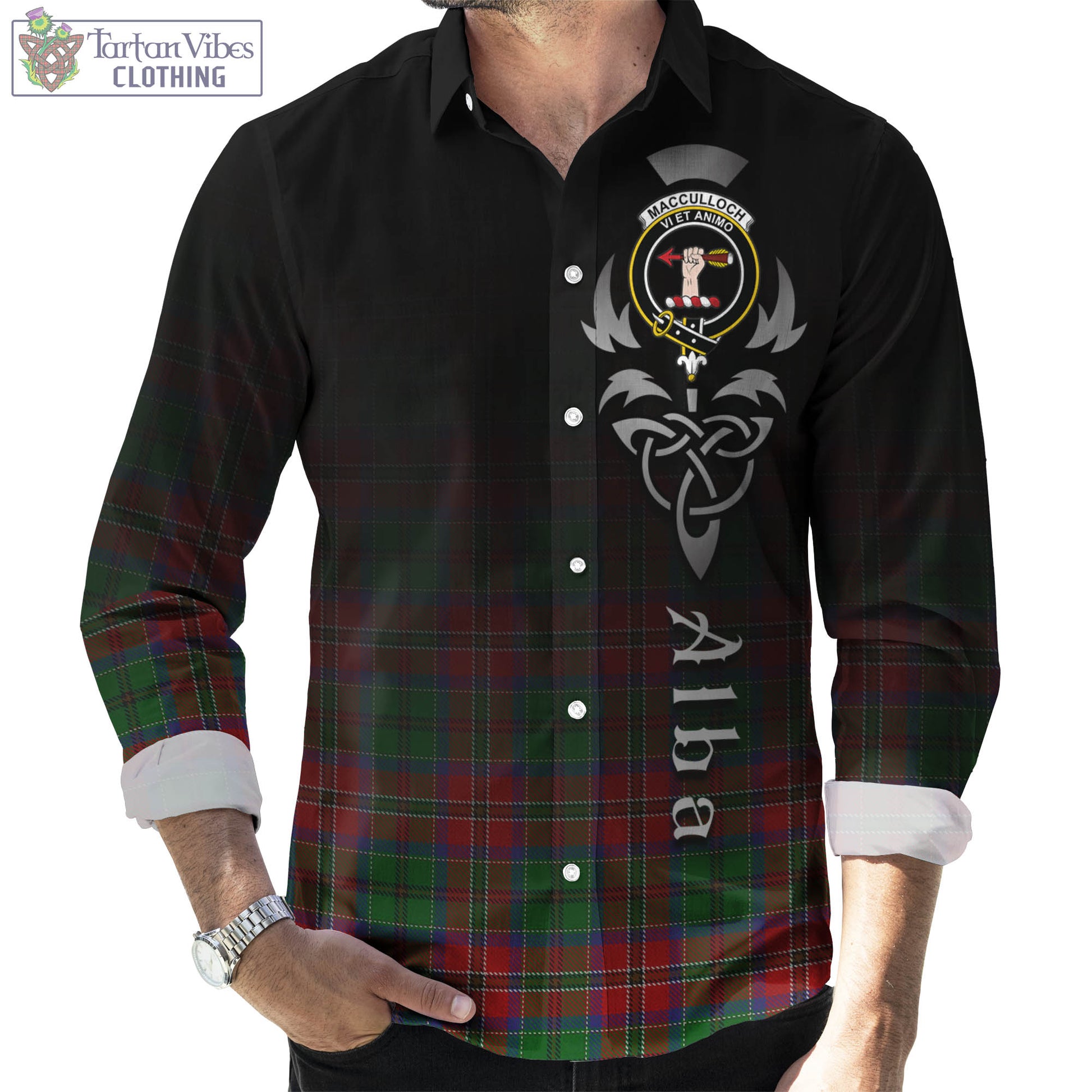 Tartan Vibes Clothing MacCulloch Tartan Long Sleeve Button Up Featuring Alba Gu Brath Family Crest Celtic Inspired