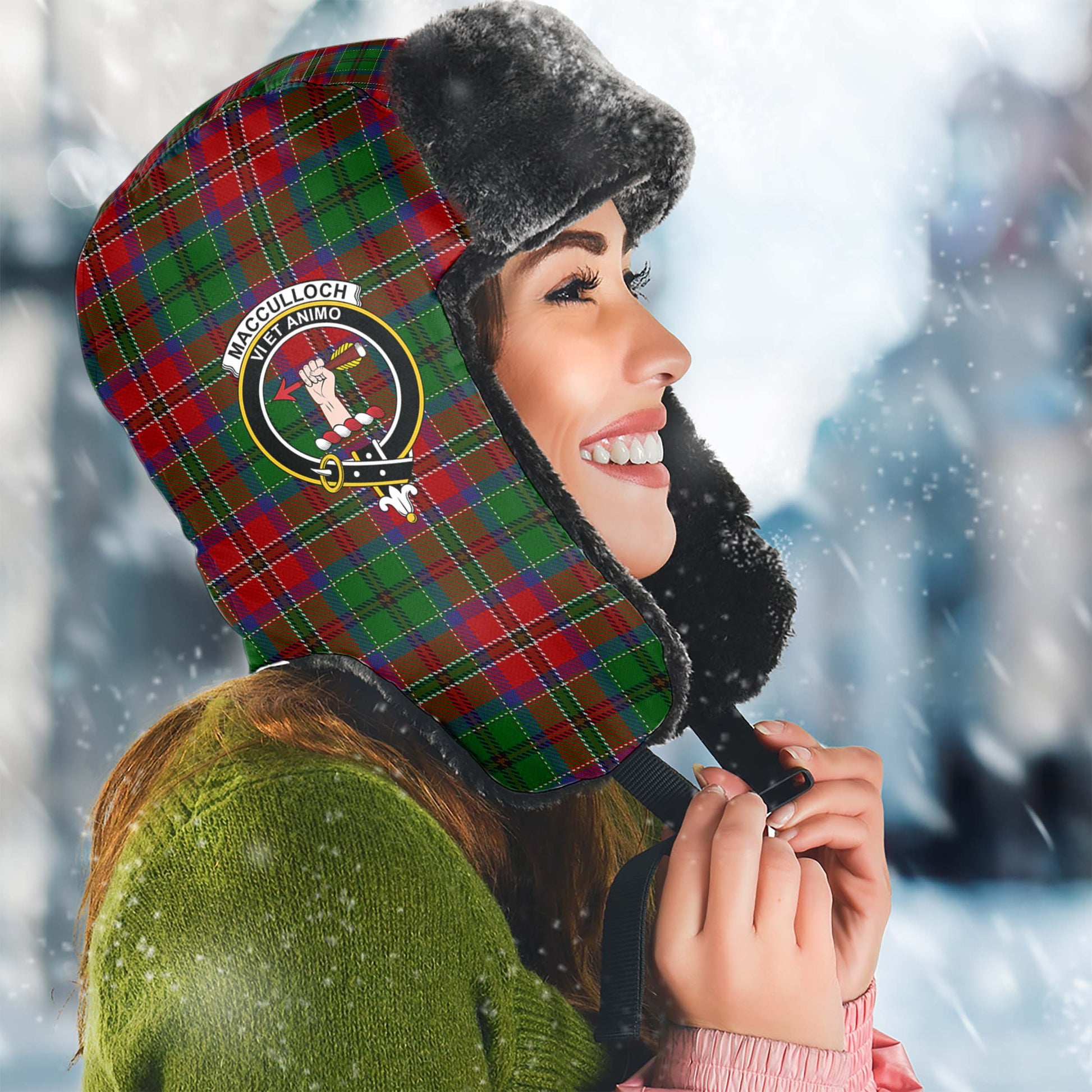 MacCulloch Tartan Winter Trapper Hat with Family Crest Winter Trapper Hat Universal Fit Circumference 22.8in (58cm) - Tartanvibesclothing