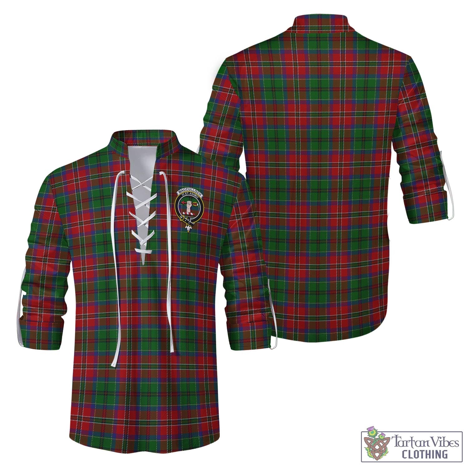 Tartan Vibes Clothing MacCulloch Tartan Men's Scottish Traditional Jacobite Ghillie Kilt Shirt with Family Crest