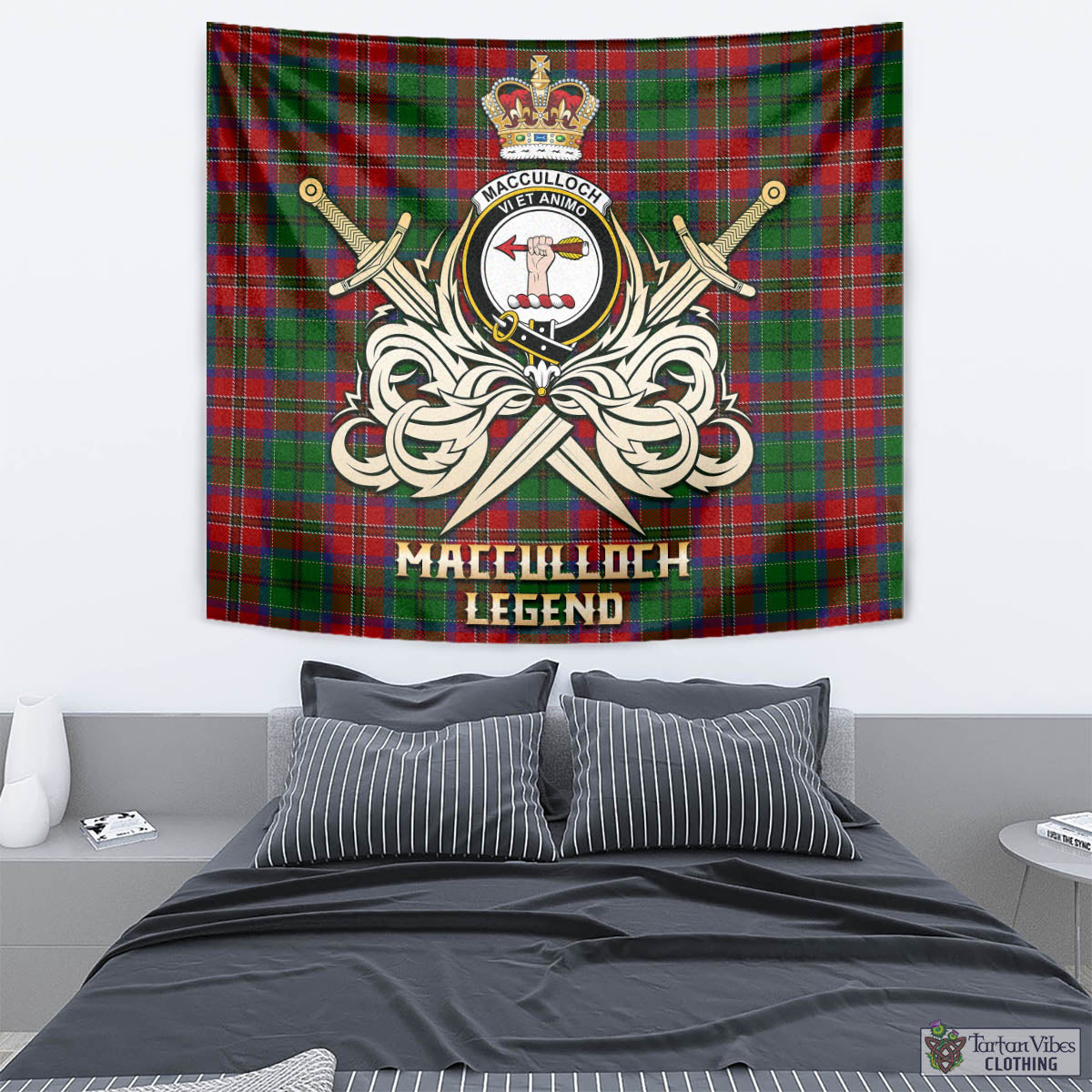 Tartan Vibes Clothing MacCulloch Tartan Tapestry with Clan Crest and the Golden Sword of Courageous Legacy