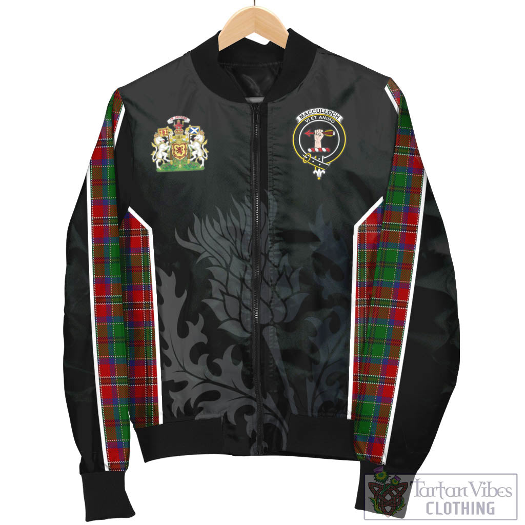 Tartan Vibes Clothing MacCulloch Tartan Bomber Jacket with Family Crest and Scottish Thistle Vibes Sport Style