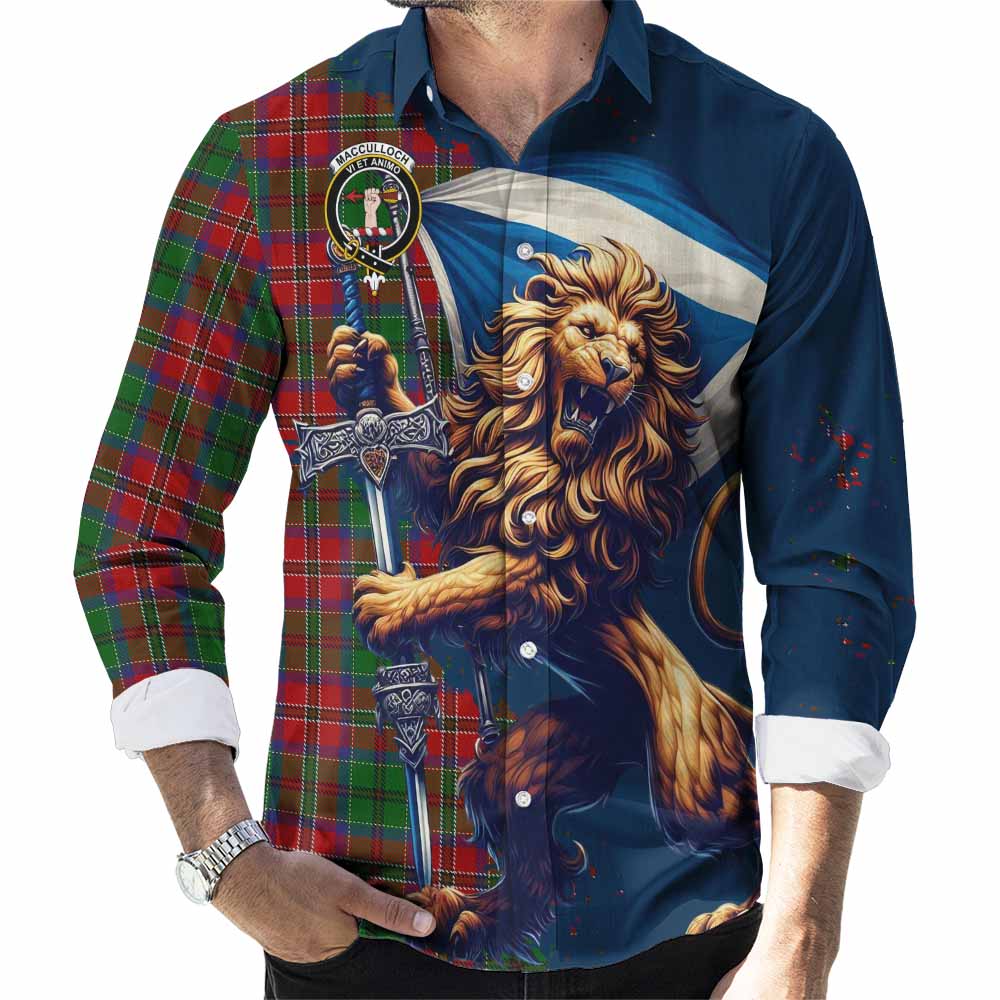 Tartan Vibes Clothing MacCulloch (McCulloch) Tartan Family Crest Long Sleeve Button Shirt with Scottish Majestic Lion