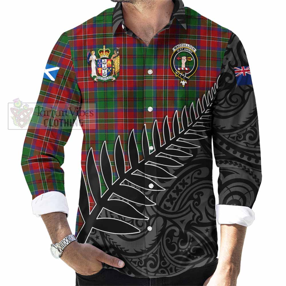 Tartan Vibes Clothing MacCulloch (McCulloch) Crest Tartan Long Sleeve Button Shirt with New Zealand Silver Fern Half Style