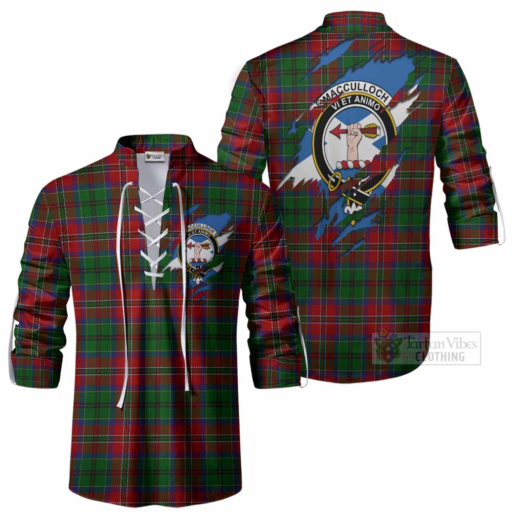 MacCulloch (McCulloch) Clan Crest In Me Tartan Ghillie Shirt Scotland Flag Style