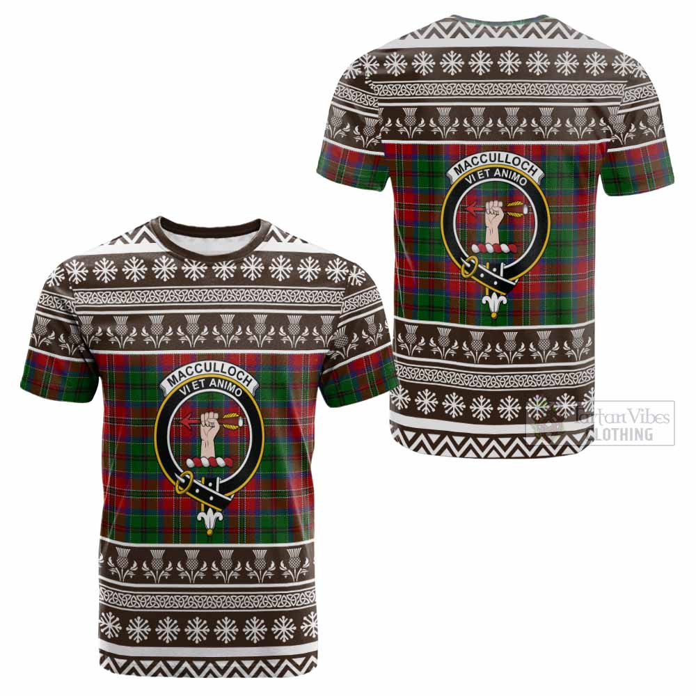 MacCulloch (McCulloch) Clan Tartan Christmas Cotton T-shirt with Family Crest - Tartan Vibes Clothing