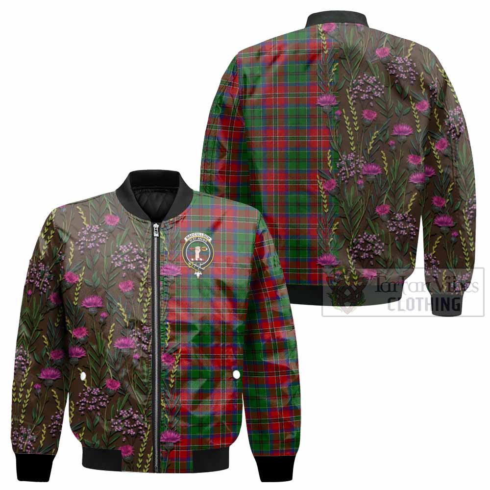 MacCulloch (McCulloch) Family Crest Tartan Bomber Jacket Scottish Thistle Flower Pattern Half Style - Tartan Vibes Clothing