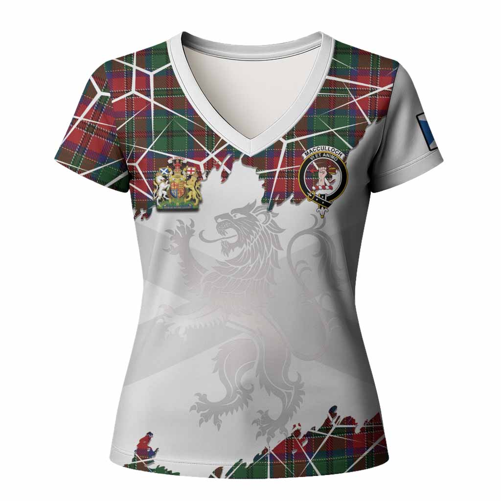 MacCulloch (McCulloch) Tartan Women T shirt with Family Crest and Lion Rampant Grunge Style