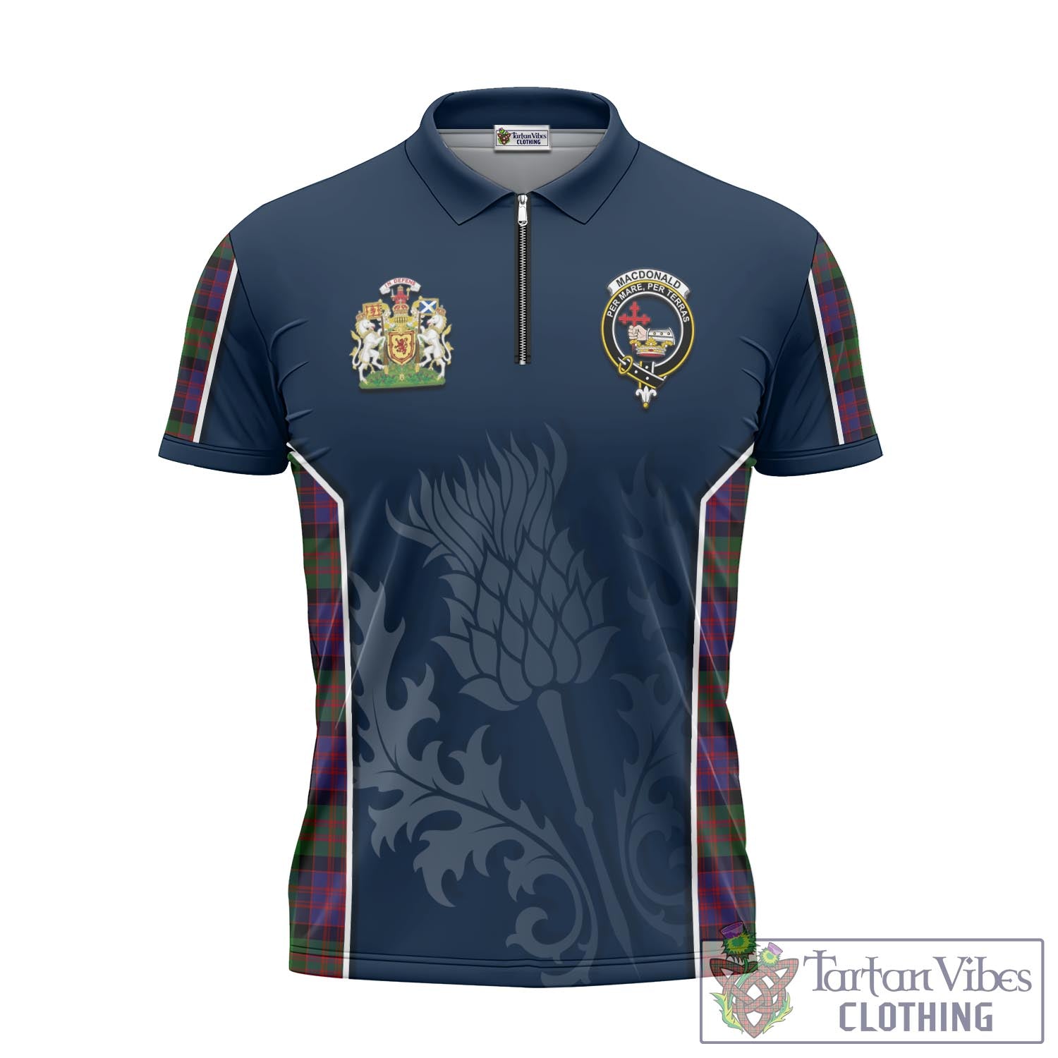 Tartan Vibes Clothing MacDonald Tartan Zipper Polo Shirt with Family Crest and Scottish Thistle Vibes Sport Style