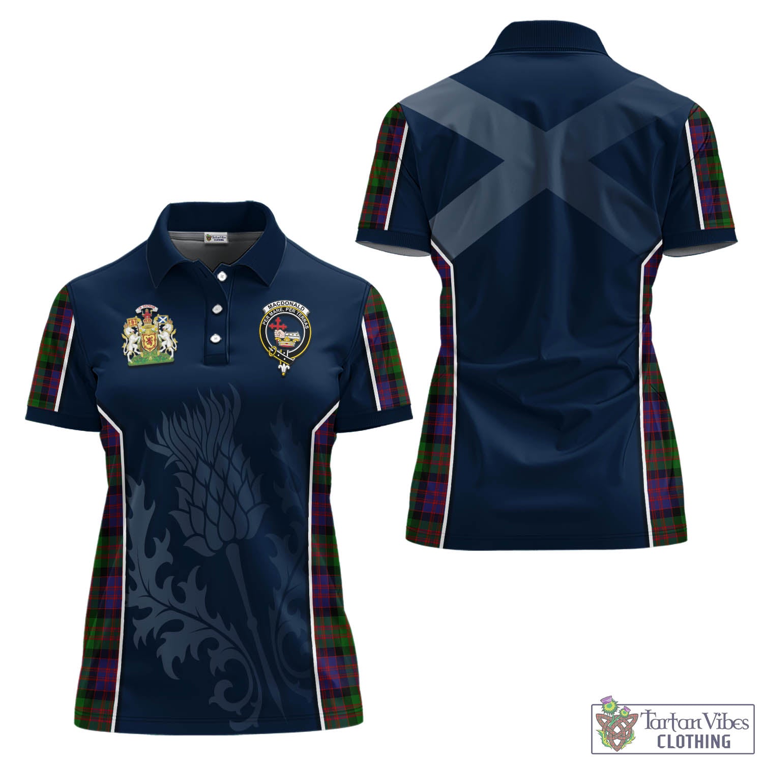 Tartan Vibes Clothing MacDonald Tartan Women's Polo Shirt with Family Crest and Scottish Thistle Vibes Sport Style