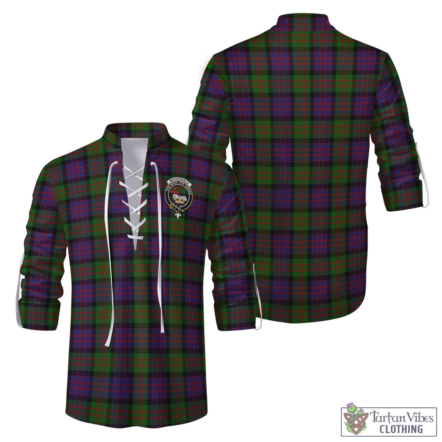 Tartan Vibes Clothing MacDonald Tartan Men's Scottish Traditional Jacobite Ghillie Kilt Shirt with Family Crest