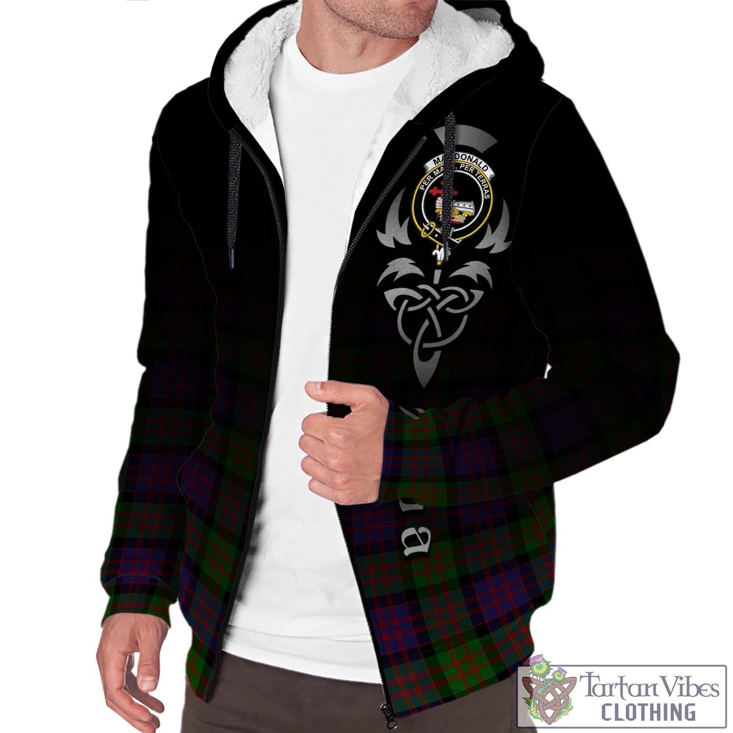 Tartan Vibes Clothing MacDonald Tartan Sherpa Hoodie Featuring Alba Gu Brath Family Crest Celtic Inspired