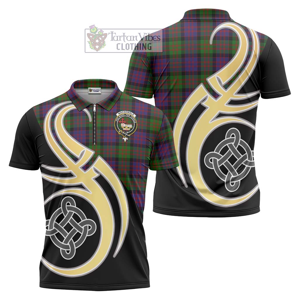 Tartan Vibes Clothing MacDonald Tartan Zipper Polo Shirt with Family Crest and Celtic Symbol Style
