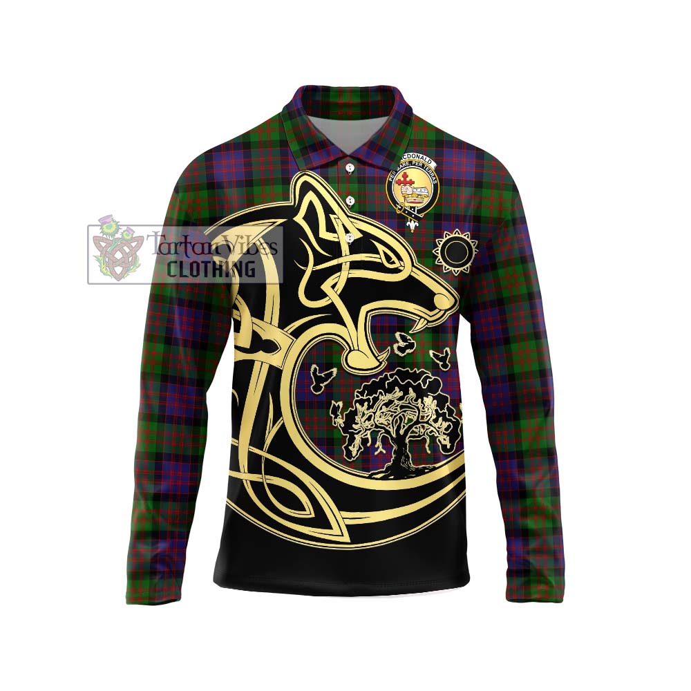 MacDonald (McDonald) Tartan Long Sleeve Polo Shirt with Family Crest Celtic Wolf Style Unisex - Tartanvibesclothing Shop