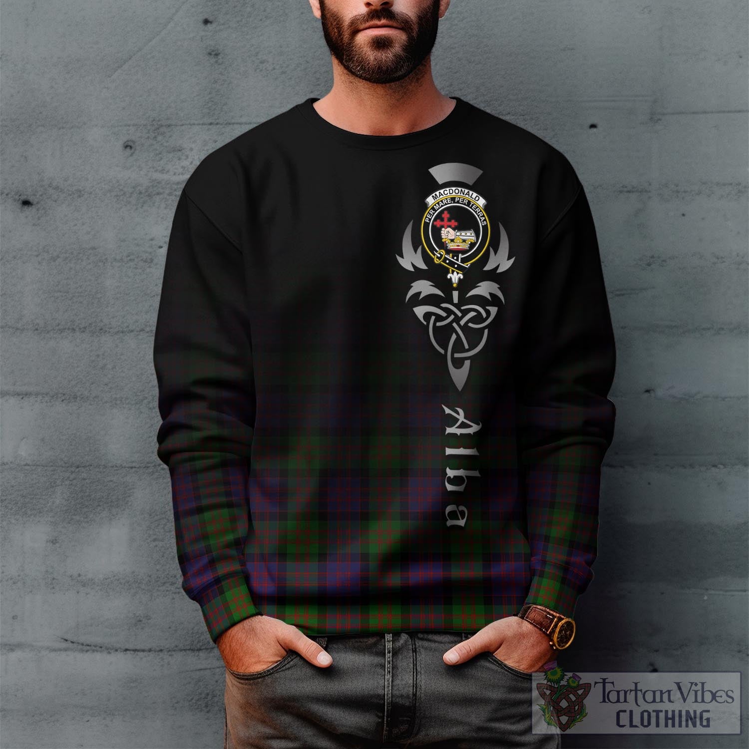 Tartan Vibes Clothing MacDonald Tartan Sweatshirt Featuring Alba Gu Brath Family Crest Celtic Inspired