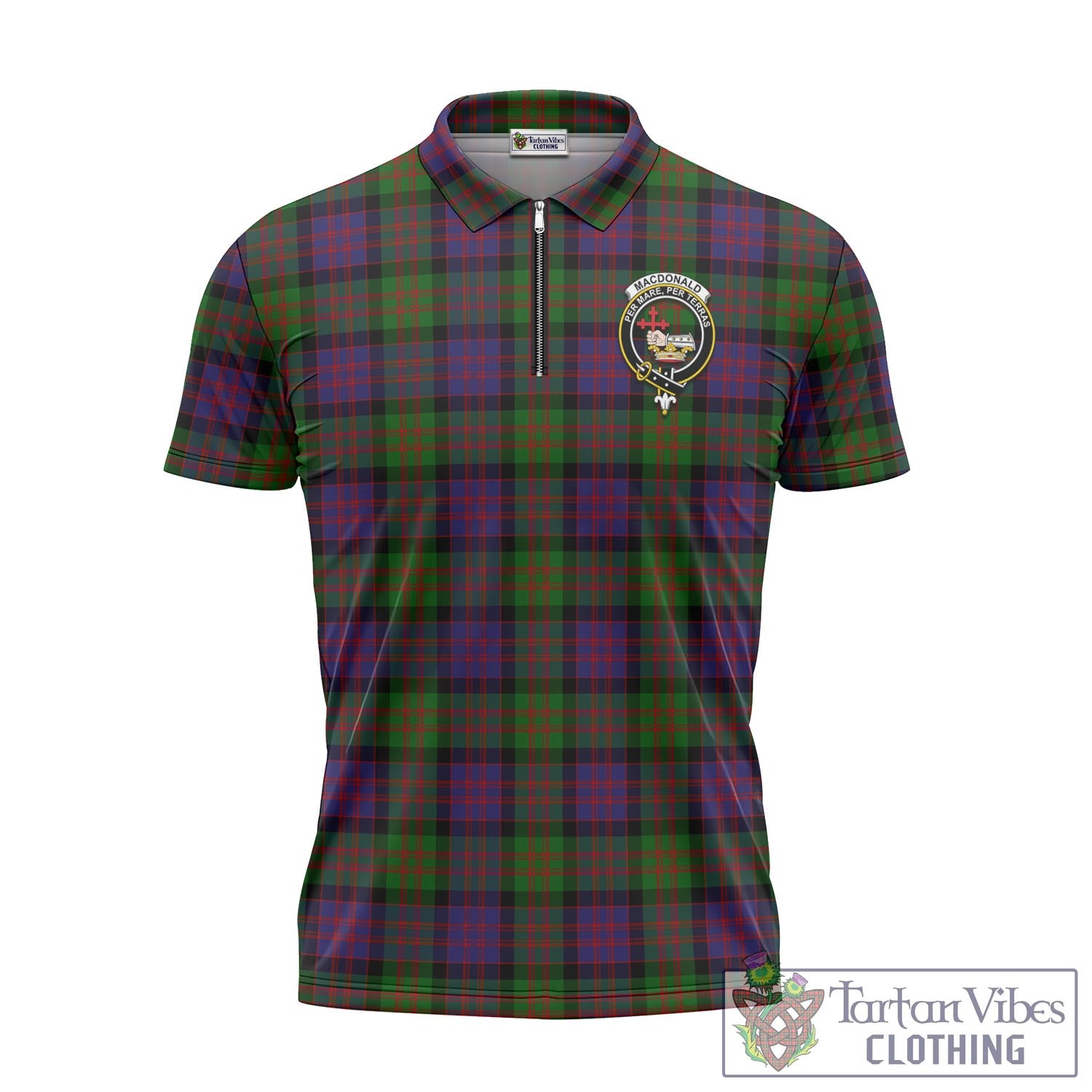 Tartan Vibes Clothing MacDonald Tartan Zipper Polo Shirt with Family Crest