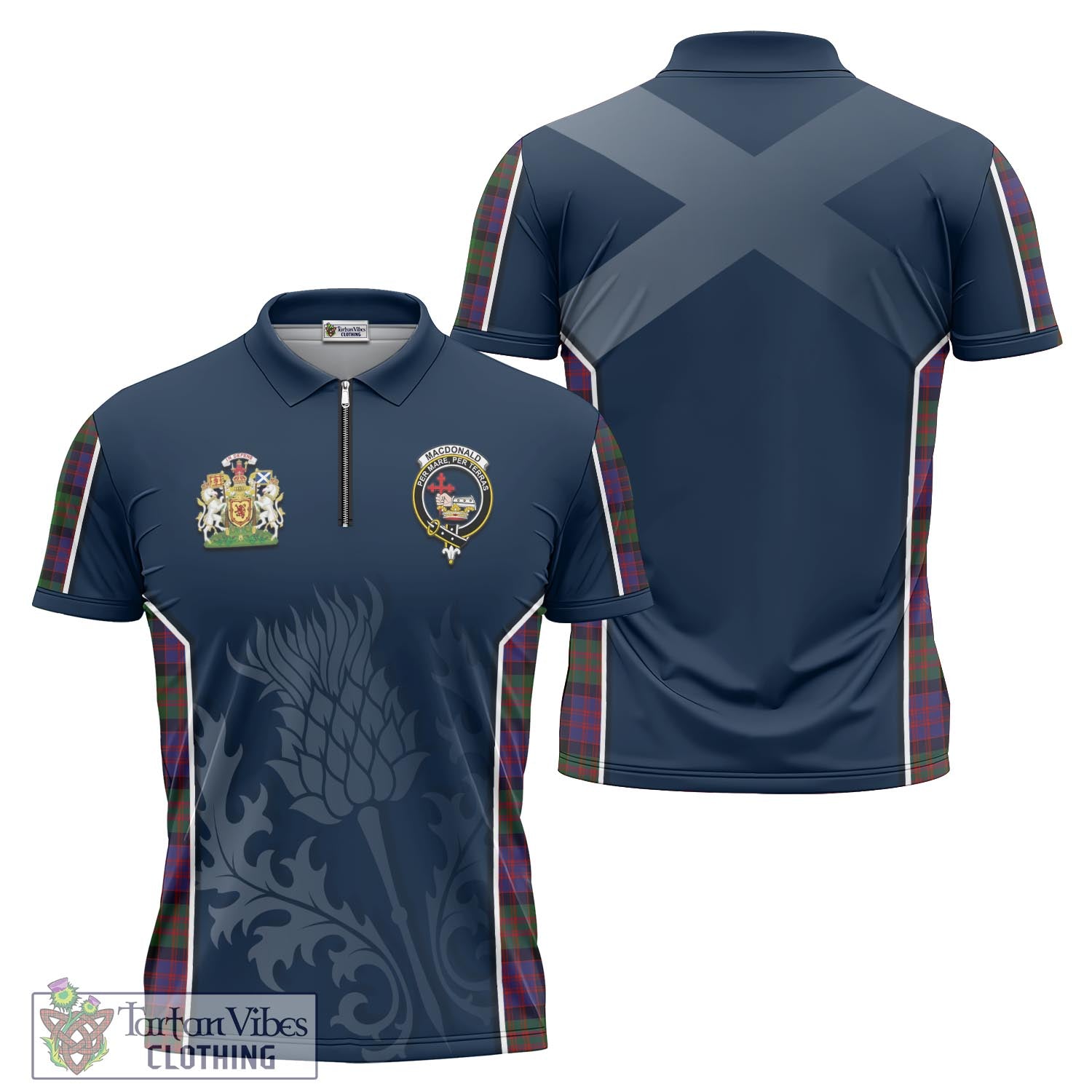 Tartan Vibes Clothing MacDonald Tartan Zipper Polo Shirt with Family Crest and Scottish Thistle Vibes Sport Style