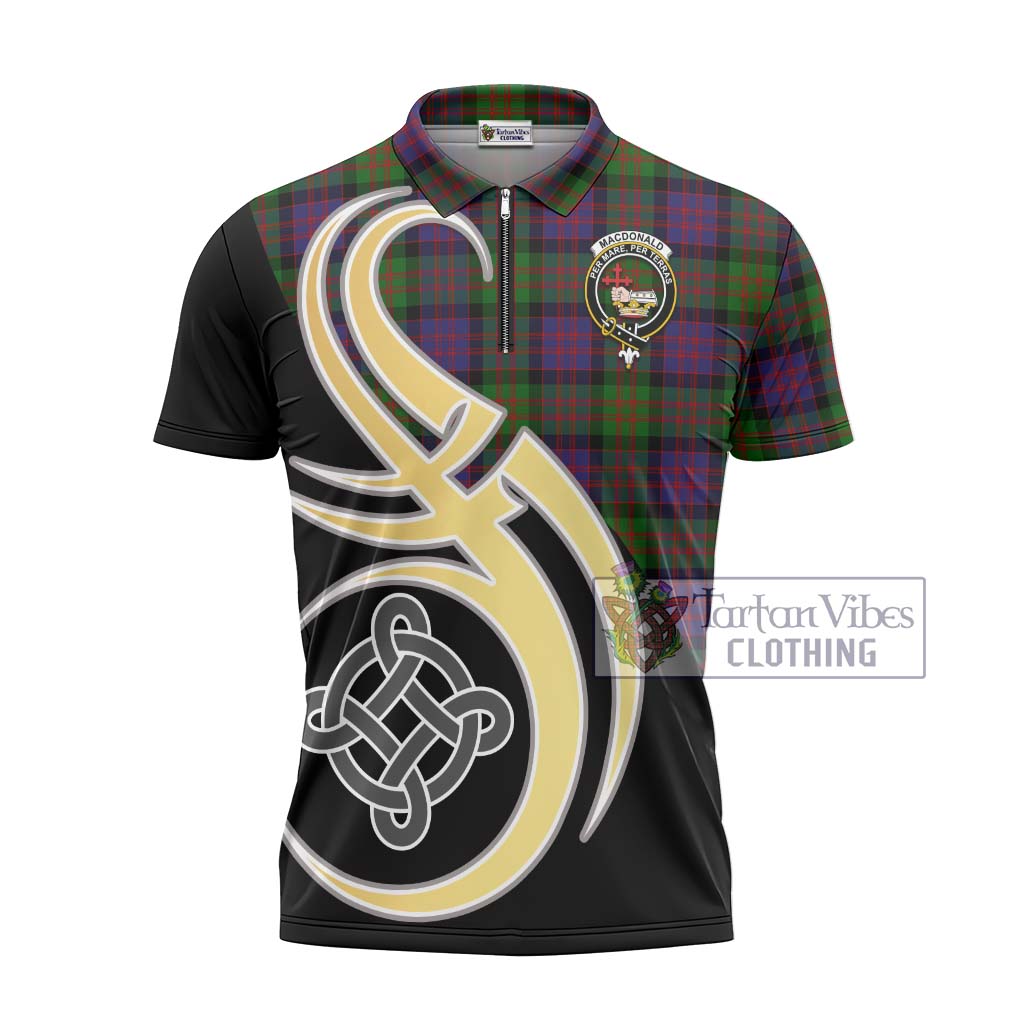 Tartan Vibes Clothing MacDonald Tartan Zipper Polo Shirt with Family Crest and Celtic Symbol Style