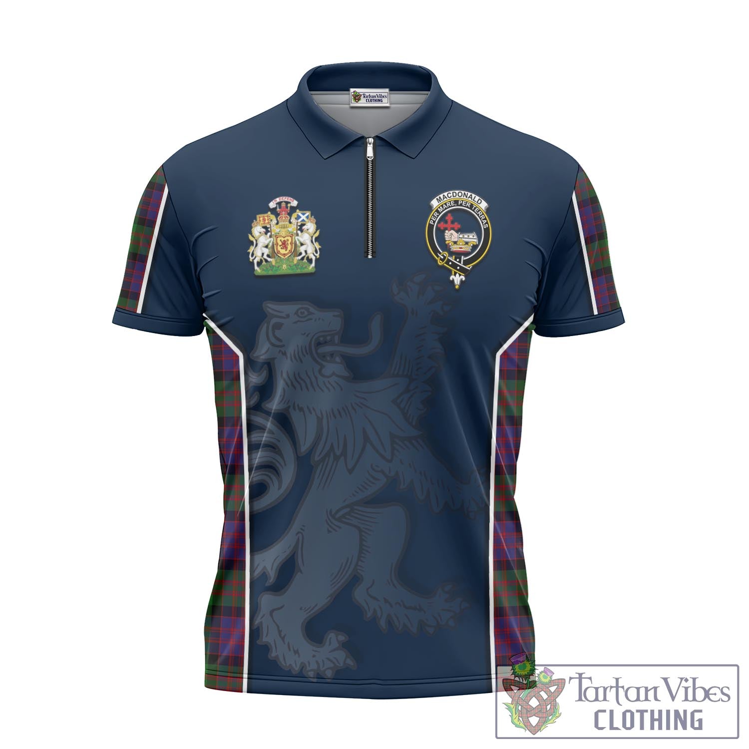 Tartan Vibes Clothing MacDonald Tartan Zipper Polo Shirt with Family Crest and Lion Rampant Vibes Sport Style