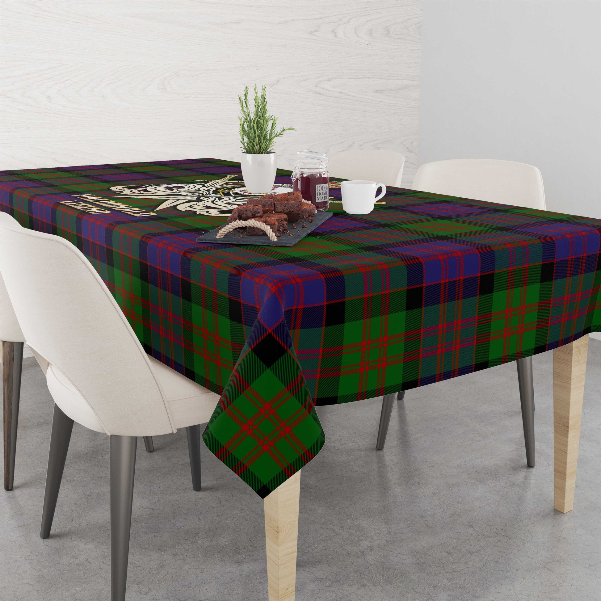 Tartan Vibes Clothing MacDonald Tartan Tablecloth with Clan Crest and the Golden Sword of Courageous Legacy