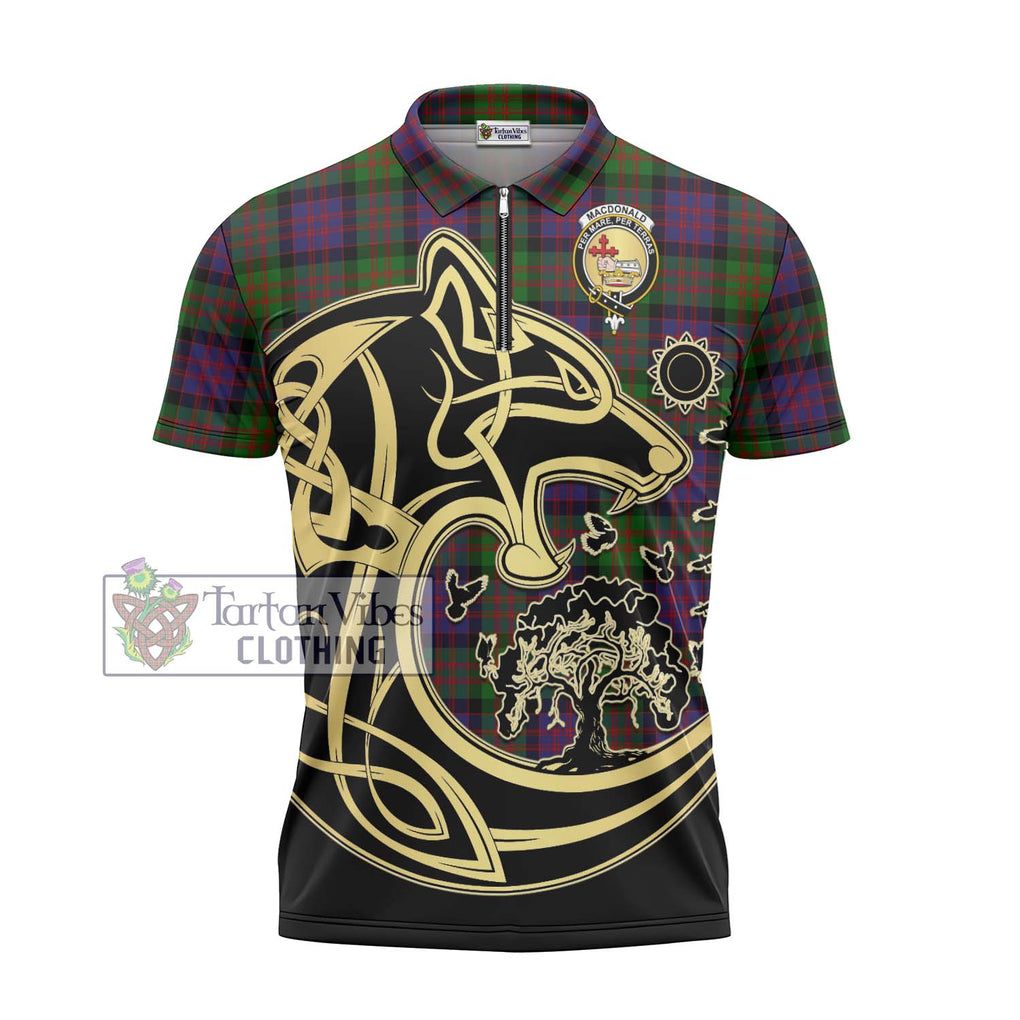 MacDonald (McDonald) Tartan Zipper Polo Shirt with Family Crest Celtic Wolf Style - Tartanvibesclothing Shop