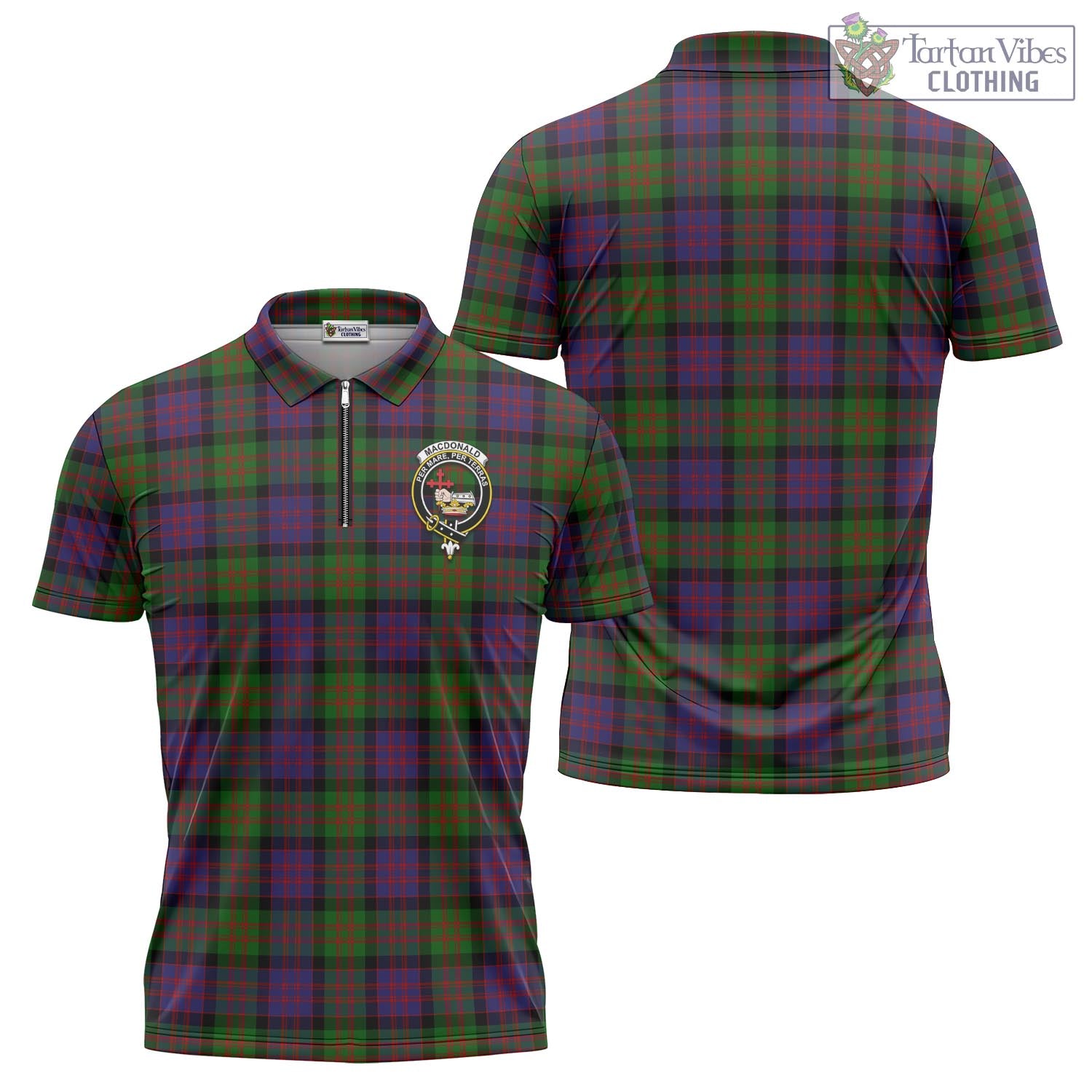 Tartan Vibes Clothing MacDonald Tartan Zipper Polo Shirt with Family Crest